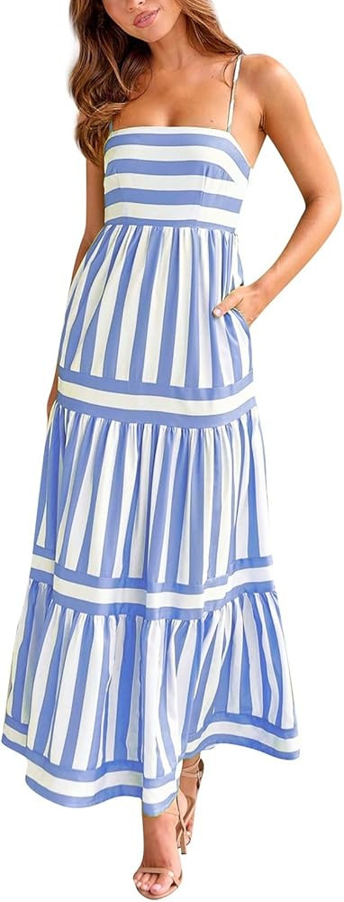 Summer Dresses for Women 2024 Beach Sleeveless Vintage Floral Boho Dress Adjustable Strap Long Su... | Amazon (US)