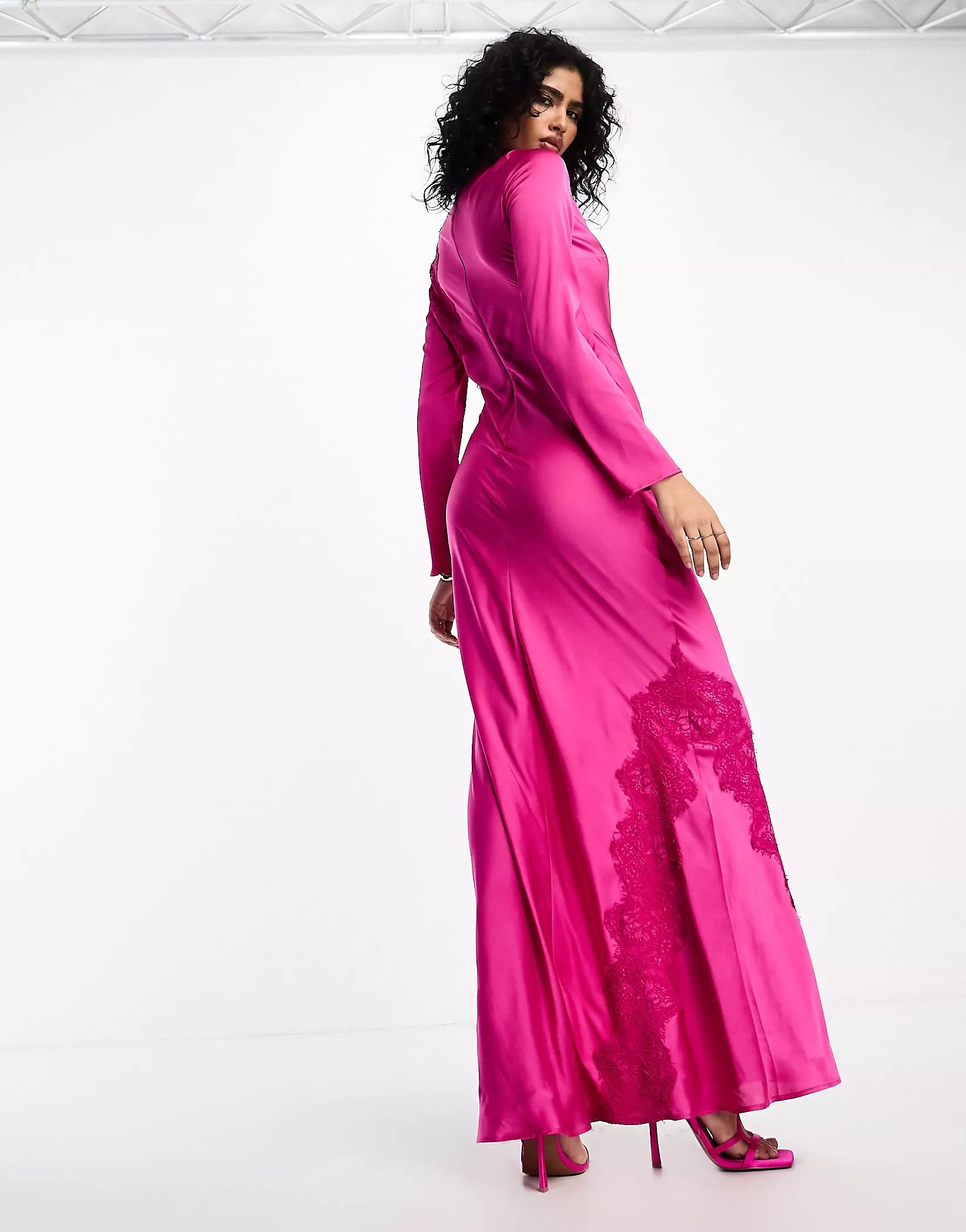 ASOS DESIGN satin long sleeve maxi dress with lace applique detail in fuschia pink | ASOS (Global)