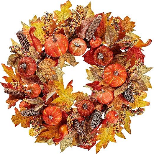 Sggvecsy Artificial Fall Wreath 18’’ Autumn Front Door Wreath Harvest Wreath with Various Pum... | Amazon (US)