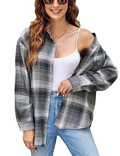 Megfie Oversized Womens Flannel Plaid Soft Flannel Button Down Shirt Roll Up Long Sleeve Flannel Plaid Shirt Blouses Women(0070-Gray-2-XXL) | Amazon (US)