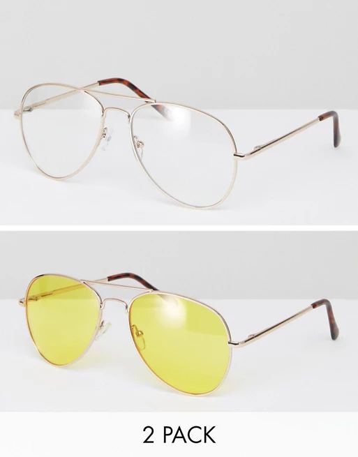 ASOS 2 Pack Aviator Sunglasses With Yellow Lens & Clear Lens | ASOS UK