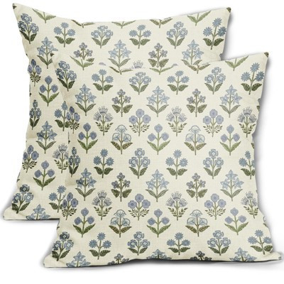 Blue Green Block Print Pillow Covers 18x18 Inch Set of 2, Vintage Floral Spring Decorative | Target