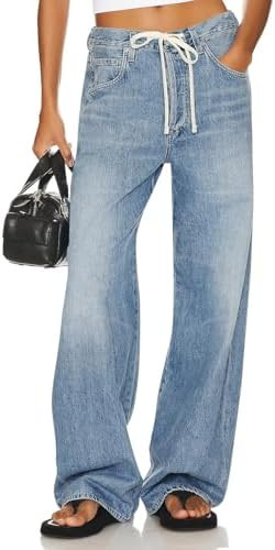 PLNOTME Womens Baggy Wide Leg Jeans Boyfriend Drawstring High Waisted Mom Denim Pants with Pocket... | Amazon (US)