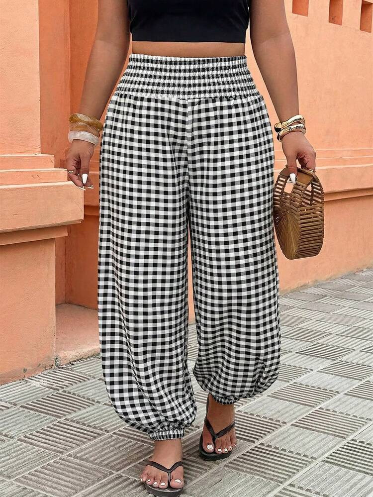 Weeklong Plus Size Women's Elastic Waist Lantern Pants, Casual Holiday Trousers, Plaid Fabric, Suitable For Summer Wear | SHEIN
