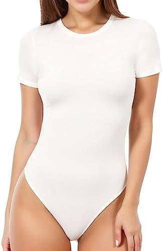 MANGOPOP Women's Round Neck Short Sleeve Bodysuit T Shirts Basic Body Suit Tops | Amazon (US)
