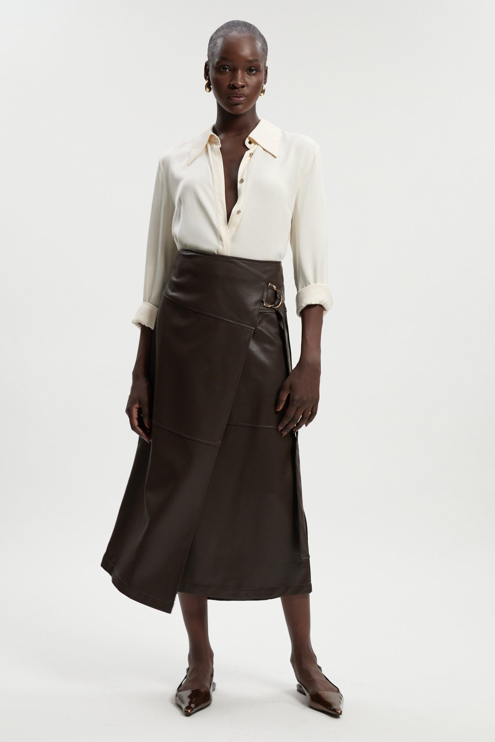 Faux Leather Tie Detail Wrap Midi Skirt | Karen Millen UK + IE + DE + NL