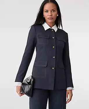 The Long Crew Neck Jacket in Denim | Ann Taylor
