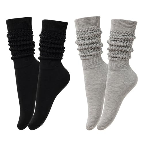 STNFAMILI Slouch Scrunch Socks for Women, Long High Tube Socks Women (2 Pairs - Black/Grey) | Amazon (US)