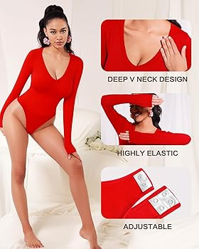 MANGOPOP Deep V Neck Shapewear Bodysuits Thong Tummy Control Long Sleeve Bodysuit for Women Ribbe... | Amazon (US)