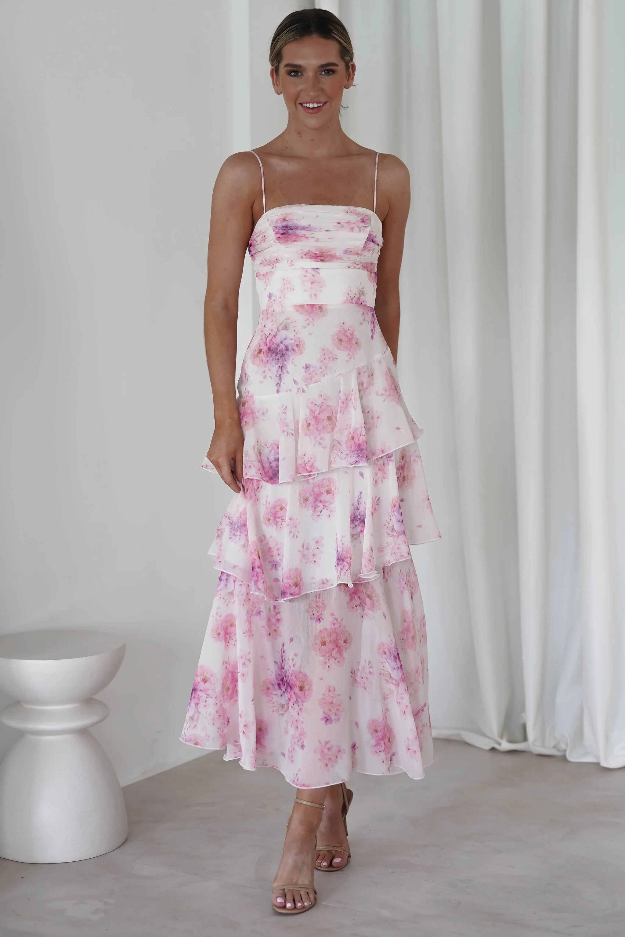 Becca Ruffle Floral Maxi Dress | White/Pink | Oh Hello Clothing