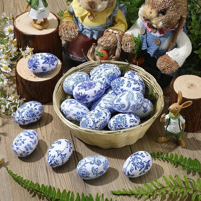 Suzile 24 Pcs Easter Eggs Blue and White Chinoiserie Spring Bowl Filler Decor Fabric Wrapped Foam... | Amazon (US)