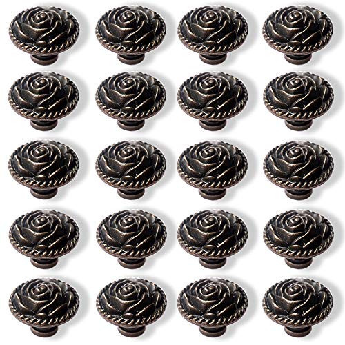 Perphin Bronze Vintage Dresser Knobs Antique Round Drawer Knobs Pull Zinc Alloy Rose Kitchen Cabinet Knobs for Drawers Dressers Vintage Metal Flower Handles with 3 Sized Screws (20 Pack) | Amazon (US)