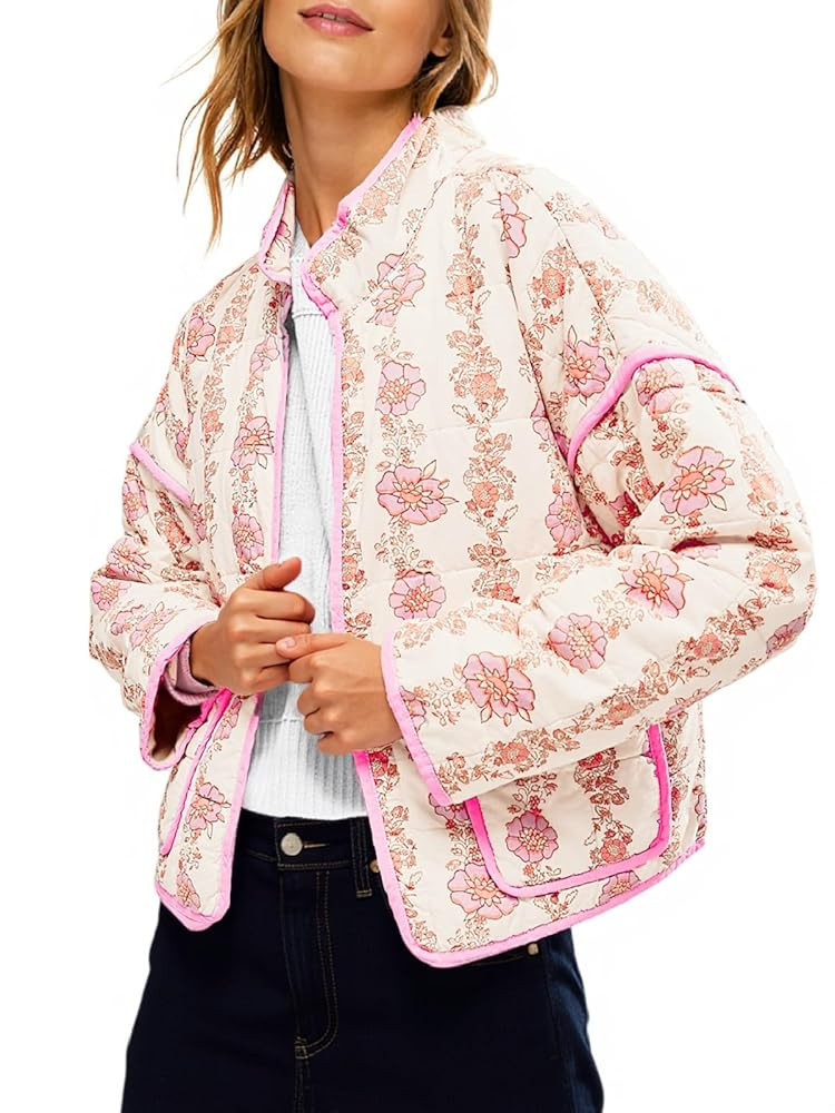 Tankaneo Womens Quilted Lightweight Jackets Floral Print Winter Coats Open Front Cardigan with Po... | Amazon (US)