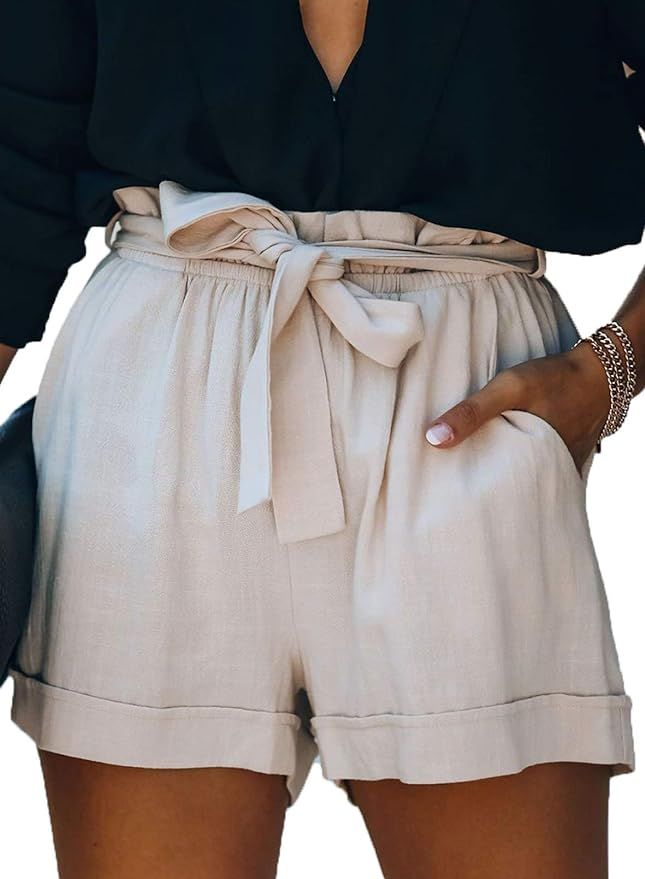 Paitluc Womens Elastic Waist Side Pockets Ruffle Cotton Linen Shorts Summer Casual Size S-XL | Amazon (US)