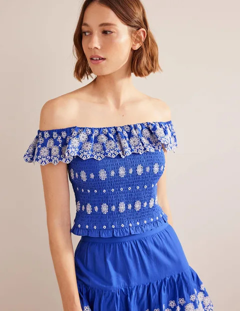 Off Shoulder Broderie Top - Island Sapphire | Boden (US)