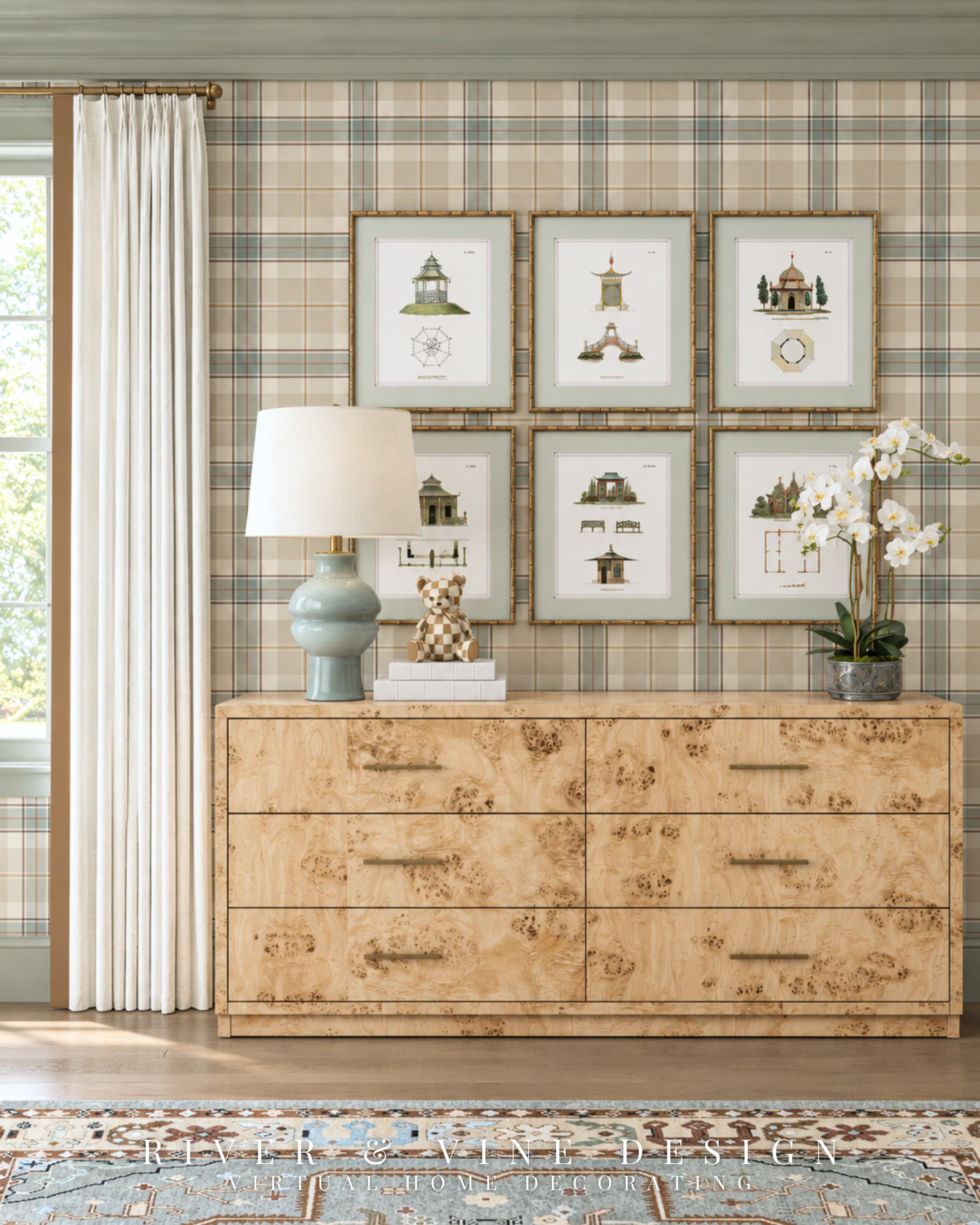 Before you buy another little accessory for your dresser, look at the wall above it.

For bedroom dresser styling, start with the largest elements: artwork and a lamp. Here, six coordinating prints form one substantial arrangement above the wide dresser. Consistent frames, aligned edges, and even spacing give the individual pieces a sense of order.

Then keep the surface simple. A blue-green lamp and an orchid add height at either end, while a small stack of books leaves breathing room between them. The dresser’s expressive grain stays visible, and the accessories feel intentional.

Browse the dresser, lighting, and finishing pieces below. Follow River & Vine Design for practical ways to make the rest of your bedroom feel as considered as the bed.

bedroom dresser styling ideas, gallery wall above dresser, traditional bedroom decor, blue green table lamp, framed architectural prints, six drawer dresser, classic bedroom accessories

I may receive a commission from purchases made through my links.
 

 #LTKHome