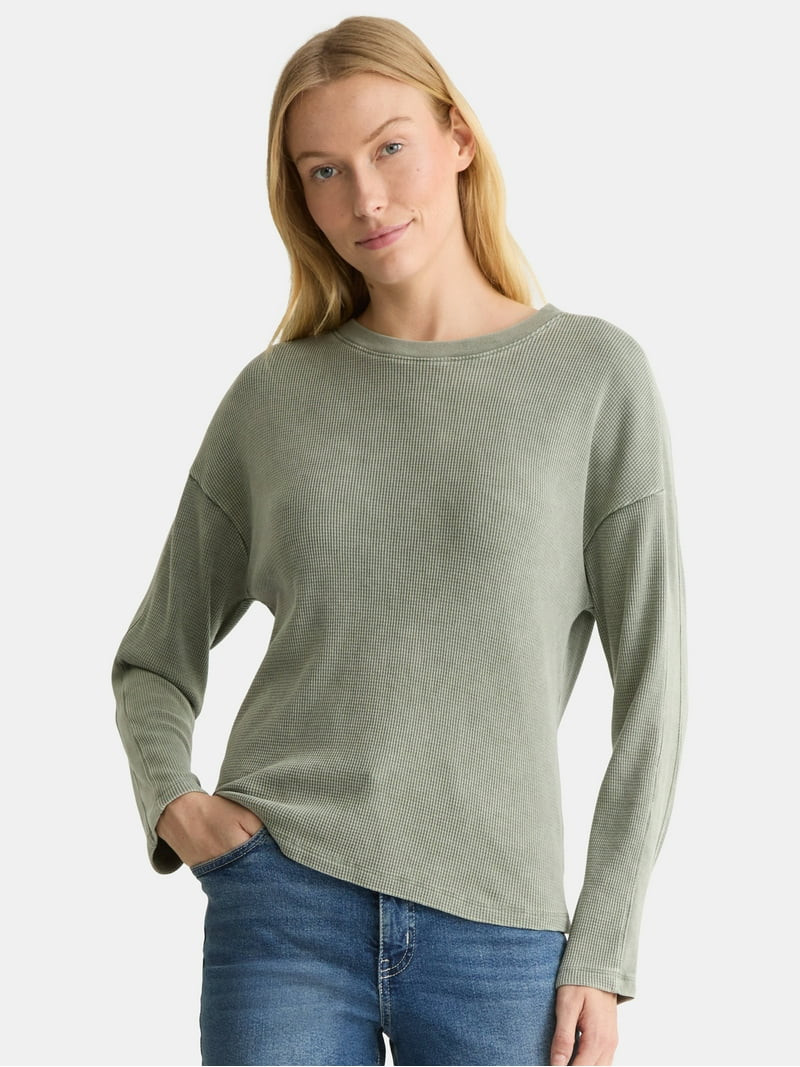 Time and Tru Women's Boxy Thermal Tee with Long Sleeves, Sizes XS-XXXL | Walmart (US)