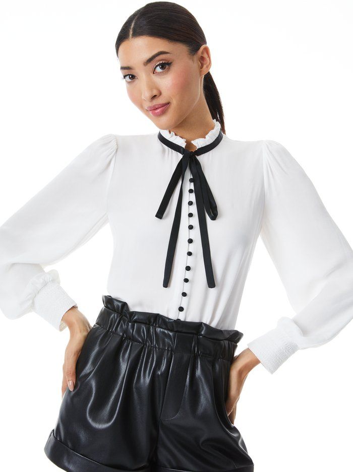 ZINA BUTTON DOWN NECK TIE BLOUSE | Alice + Olivia