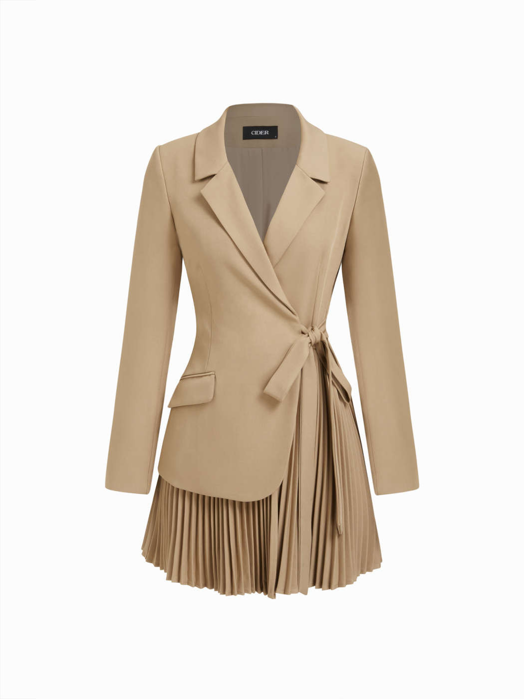 Woven Notched Collar Tie Waist Pleated Blazer Mini Dress For Date Work | Cider