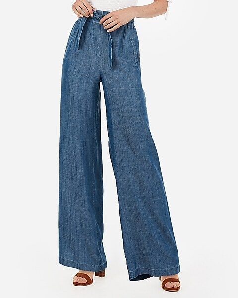 high waisted chambray belted wide leg jeans | Express