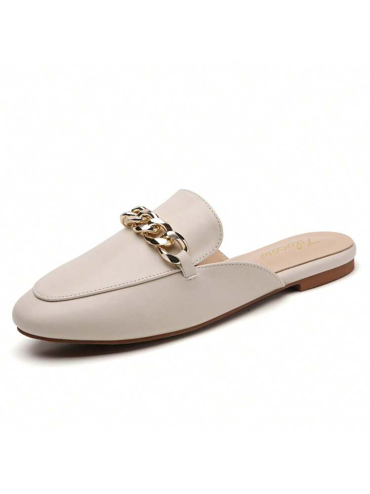 Tilocow Metal Chain Decor Flat Mules For Women Closed Round Toe Slip On Loafers Slides Backless M... | SHEIN