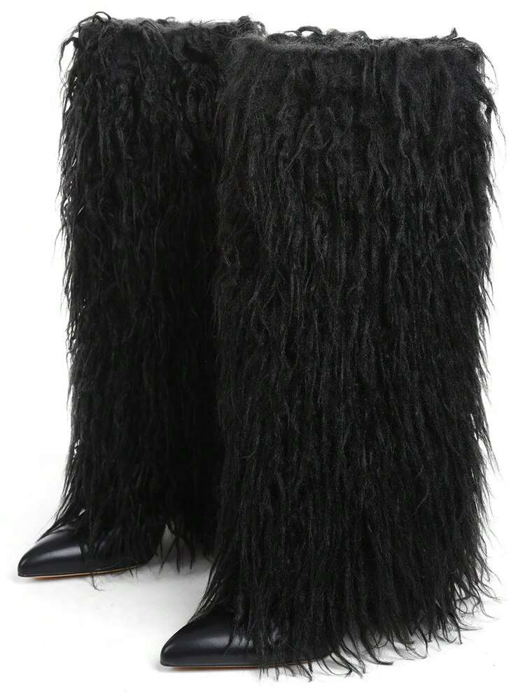 Y2K Style Women's Winter Furry Snow Boots Women's Knee High Boots Faux Fur Shoes Pointy Toe Chunky Heel Cowboy Fashion Warm Fluffy Shoes | SHEIN
