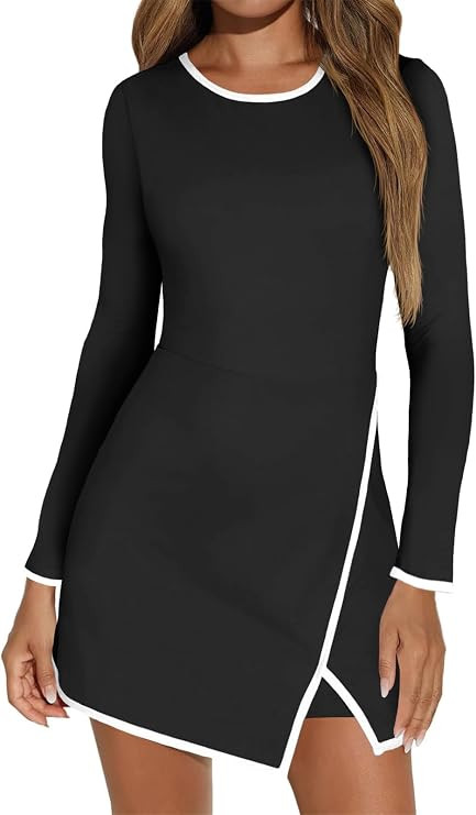 Fisoew Women's Workout Tennis Dress with Built-in Bra & Shorts Pockets Long Sleeve Crewneck Golf ... | Amazon (US)