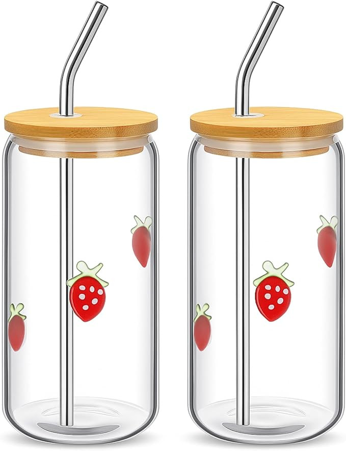 Honeydak 2 Pcs Icon Juice Glass Tumbler-18 oz Icon Can Shape Glass Cups with Lid and Straws, Coff... | Amazon (US)