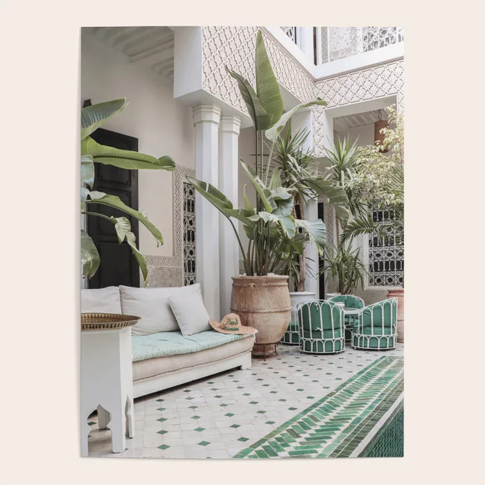 Moroccan Riad In Marrakech Photo | Arabic Interior Design Art Print | Green Tropical Travel Photo... | Society6