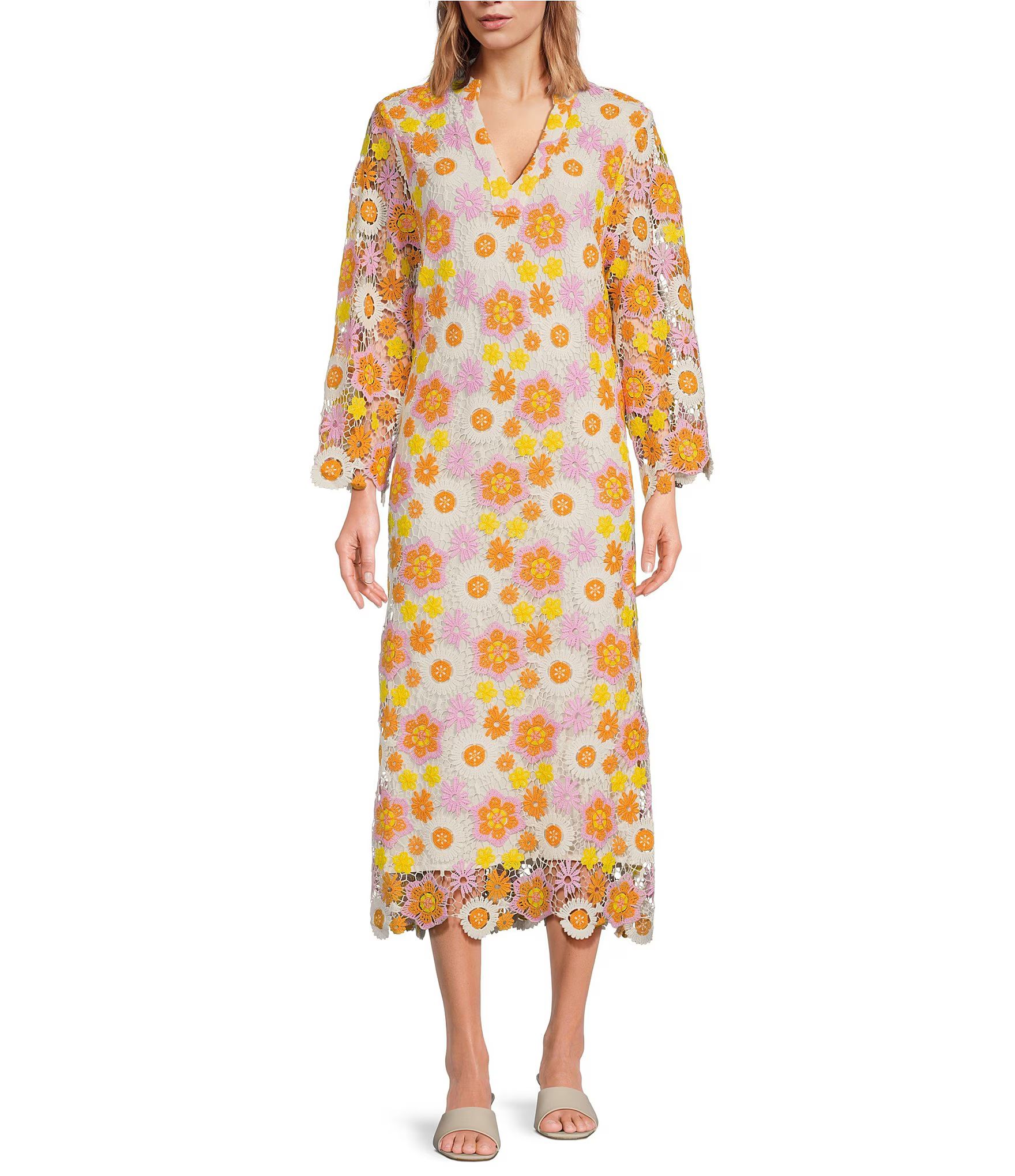 J.Marie Hali Floral 3/4 Sleeve 3D Lace Button Up Mandarin Collar Split V-Neck Midi Dress | Dillar... | Dillard's