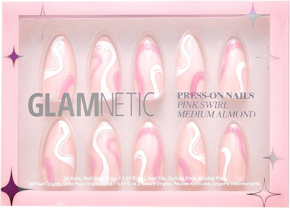 Glamnetic Press On Nails - Pink Swirl | Glossy, Opaque Medium Almond Nails, Reusable | 15 Sizes - 30 Nail Kit with Glue | Amazon (US)