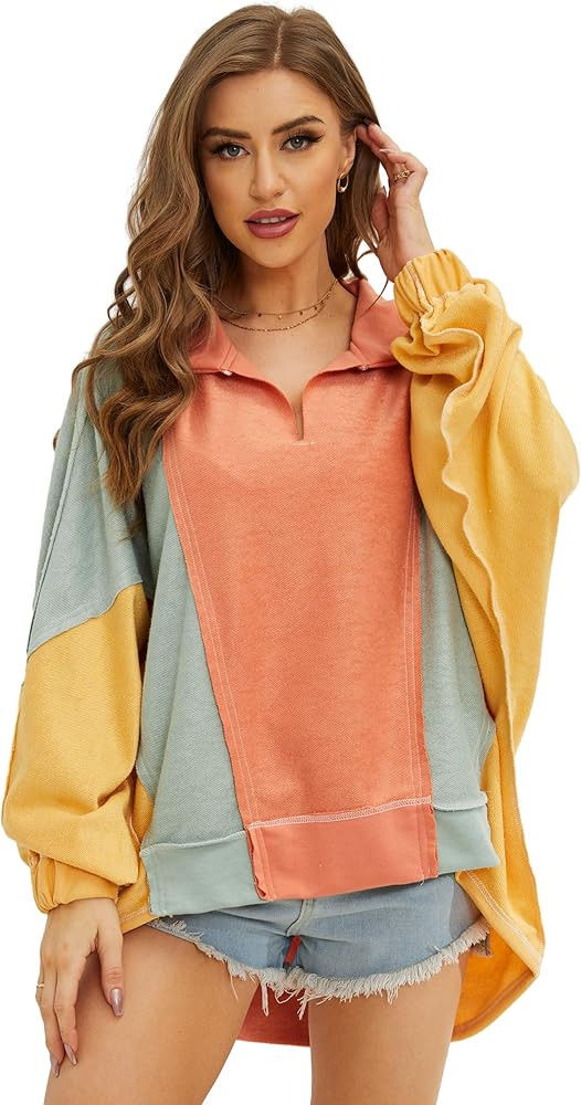 Anoumcy Women Long Sleeve Patchwork Color Block Sweatshirt Oversized V Neck Lapel Collared Casual... | Amazon (US)