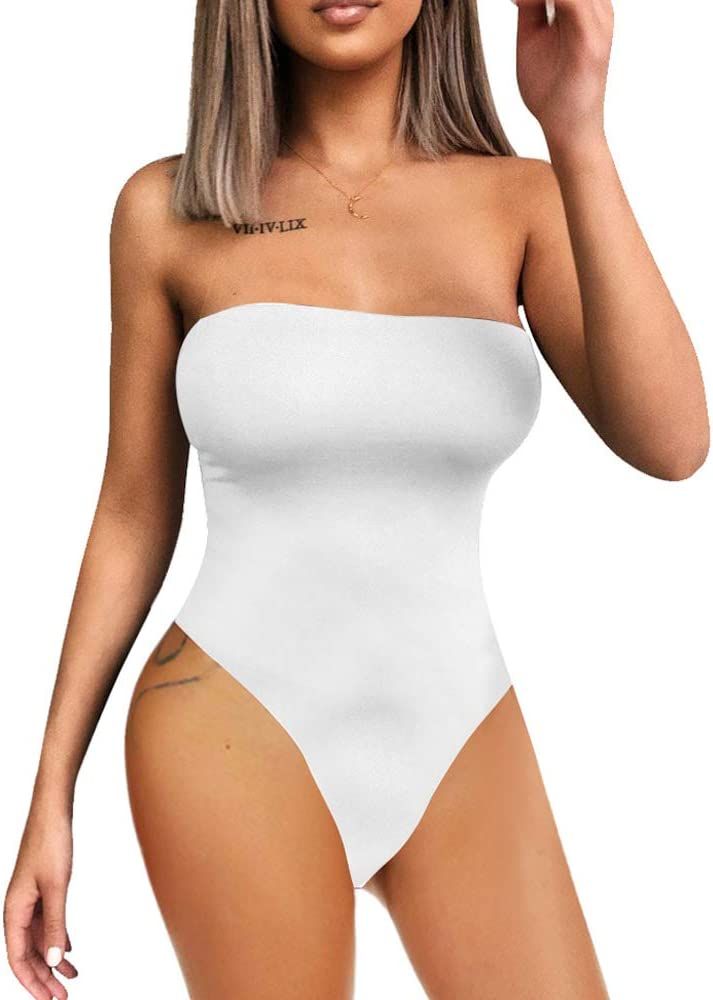 YMDUCH Women's Sexy Strapless Bodysuit One Piece Triangle Off Shoulder Leotard | Amazon (US)