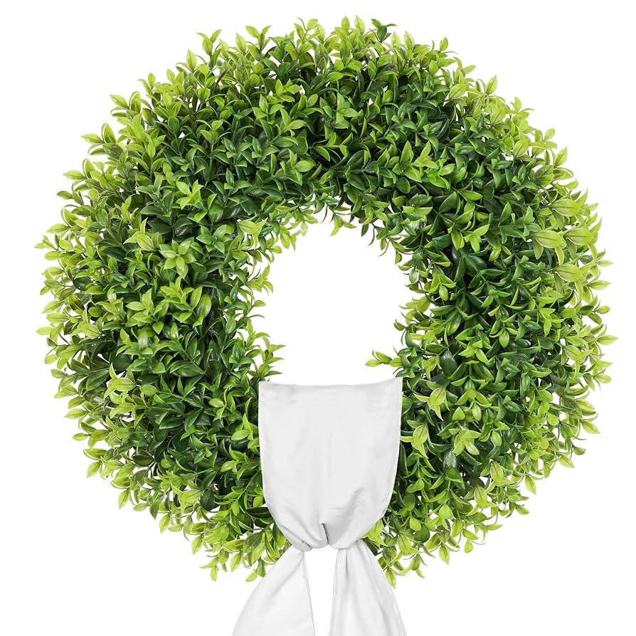 21 Inch Artificial Boxwood Wreaths for Front Door, Summer Door Wreath with Sash, Spring Green Wre... | Amazon (US)