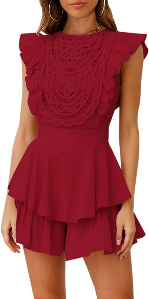 AIMCOO Women's Flutter Sleeve Crochet Lace Overlay Romper Dress Crewneck Waist Tie Rompers Tiered... | Amazon (US)
