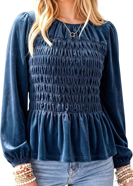Gozoloma Women's Velvet Puff Long Sleeve Babydoll Top Smocked Peplum Blouse | Amazon (US)