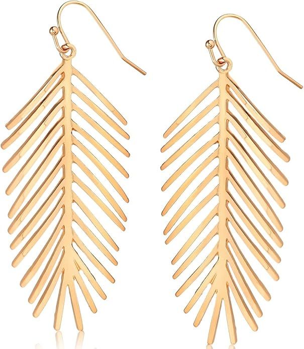 Humble Chic Long Feather Earrings for Women - Gold or Silver Tone Delicate Leaf Dangle Earrings | Amazon (US)