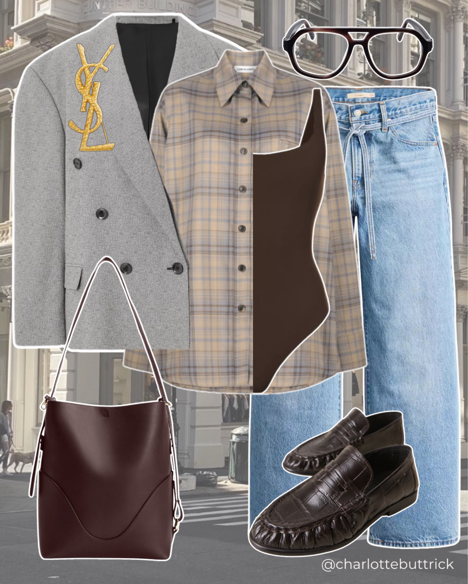 Jeans - blazer - plaid checked shirt - Skims bodysuit - loafers - brown tote bag get 22% off at Oleada with code - CBXOLEADA - until Feb 14th on orders over $400 ad

#LTKbag #LTKstyletip #LTKuk