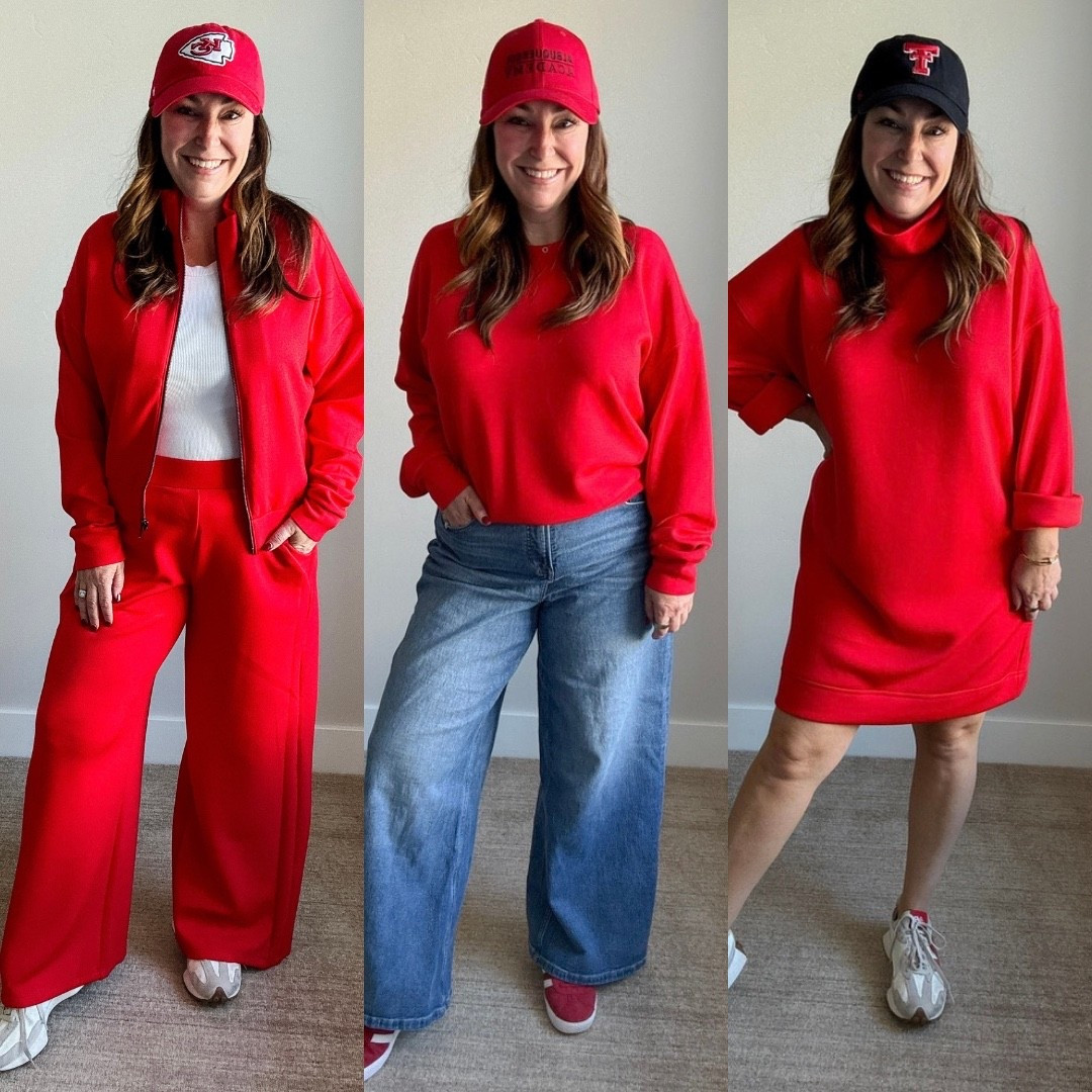 Game Day Ready in my @spanx red Air Essentials! These pieces are so comfy for watching the game at home or heading to my daughter’s school luckily all my teams are RED! 
- jacket, L
- pants XL petite 
- dress in XL, need L 
- crewneck tts L 

First time customers use code RYANNEXSPANX for 15% off + free shipping #spanxpartner

#LTKMidsize #LTKOver40 #LTKActive