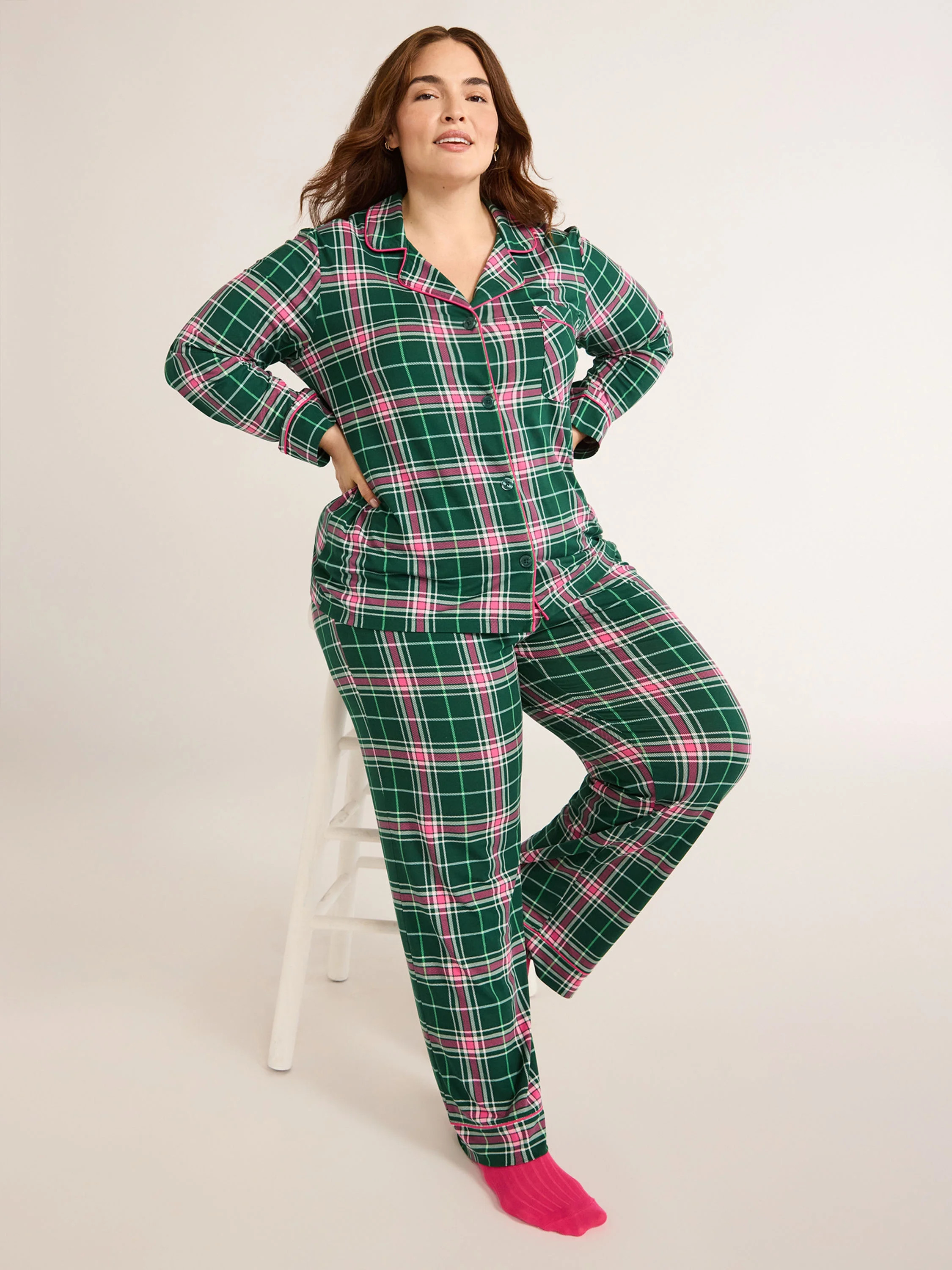 Joyspun Women's Cozy Jersey Notch Collar Top and Pants Pajama Set, 2-Piece, Sizes XS-4X | Walmart (US)