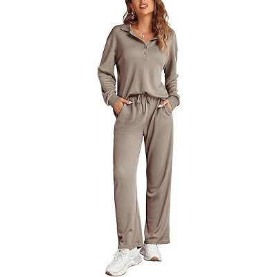 Ekouaer Womens 2 Piece Matching Lounge Sets Fall Outfits Sweatsuit Waffle Knit Pajamas Sets Long Sleeve Sweater Clothes Khaki S | Target