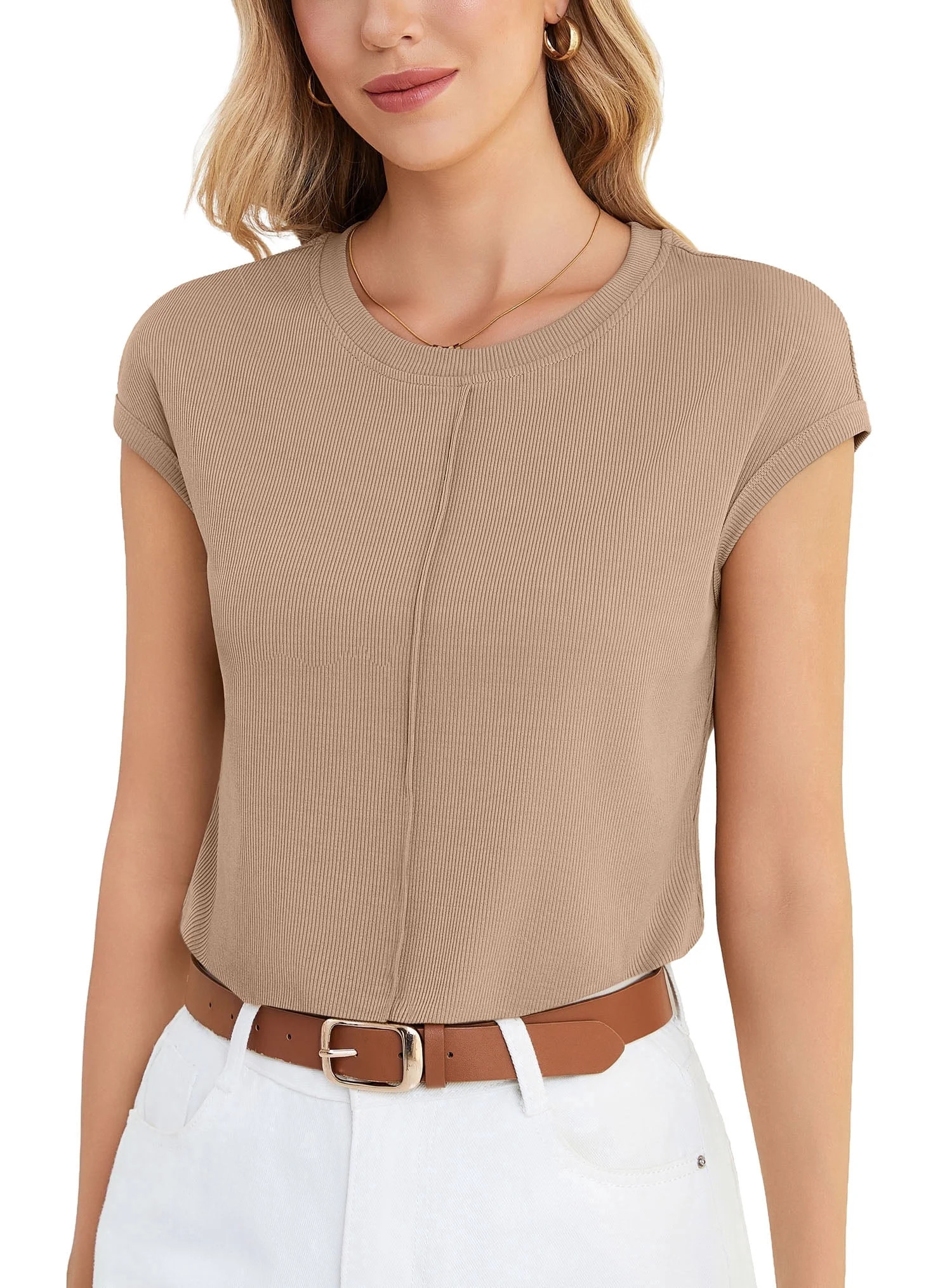 Uvplove Women's Casual Knit Top Loose Fit Cap Sleeve Soft Stretchy Crew Neck Summer T-Shirt,Camel... | Walmart (US)