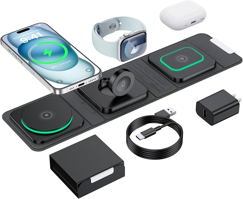 Wireless Charger for iPhone - 3 in 1 Charging Station for Apple Multiple Devices, Foldable Magnet... | Amazon (US)
