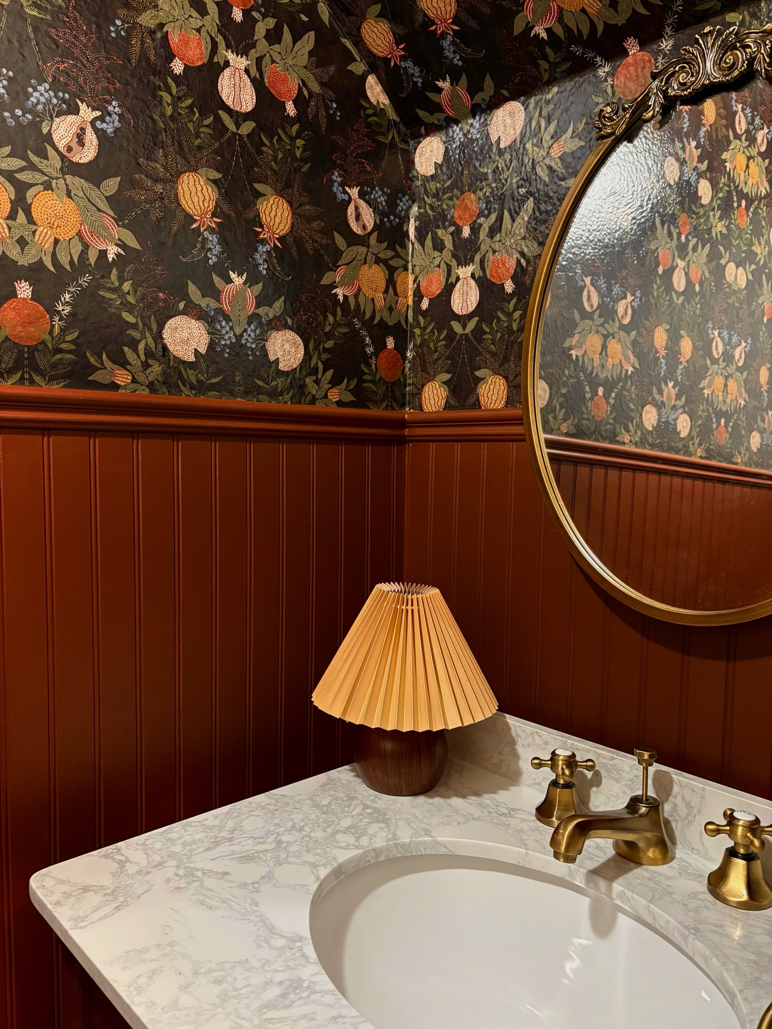 Moody bathroom, Chris and Julia, Amazon finds, peel and stick wallpaper, Wayfair finds, small lamp, headboard, chair rail, brass hardware, Kingston brass, vanity, powder room 

#LTKFindsUnder50 #LTKHome