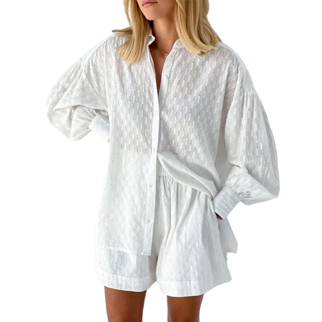 Women Lapel Shirt+Shorts 2pcs Jacquard Casual Puff Sleeve Blouse Top Shorts Set White S | Walmart (US)