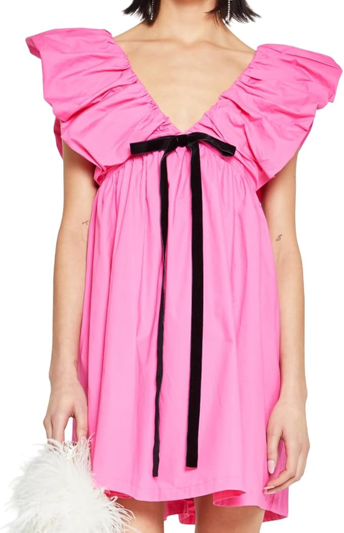 Womens Flower Bow Dress Deep V Neck Elegant Mini Dress Puffy Sleeve Boho Floral Bow Dress Flowy D... | Amazon (US)