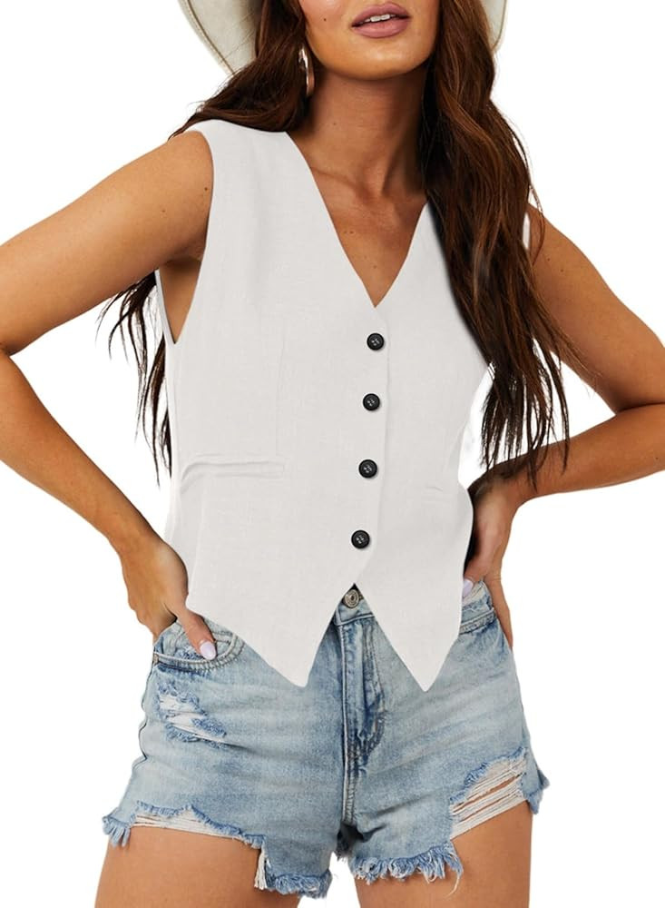 Dokotoo Womens Vest Dressy Casual V-Neck Button-Down Lined Suit Jacket Waistcoat Versatile Vests | Amazon (US)