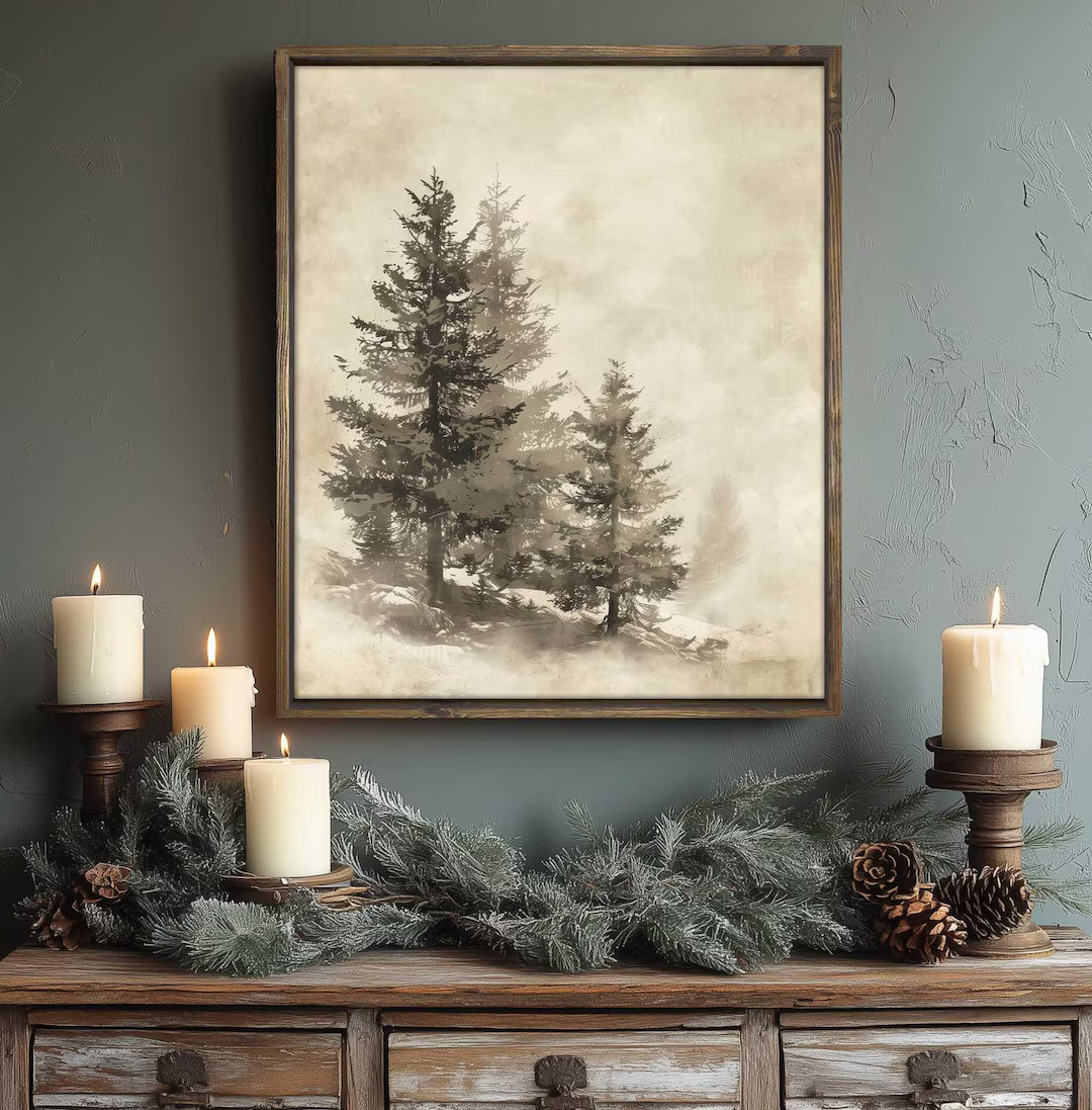 Sepia Pine Tree Drawing Framed Canvas | Paper Print | Modern | Sidesignco | Original Design | Wal... | Etsy (US)
