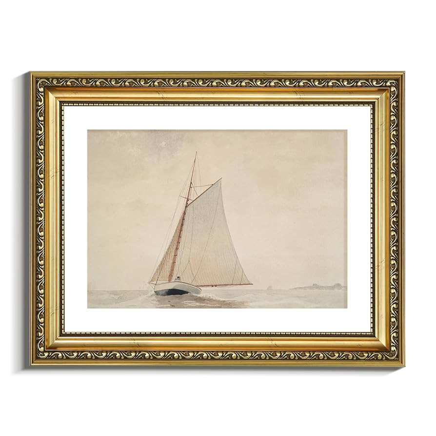 VIYYIEA Gold Framed Wall Art Canvas Print Home Decor for Living Room White Sailboat Seascape Wate... | Amazon (US)
