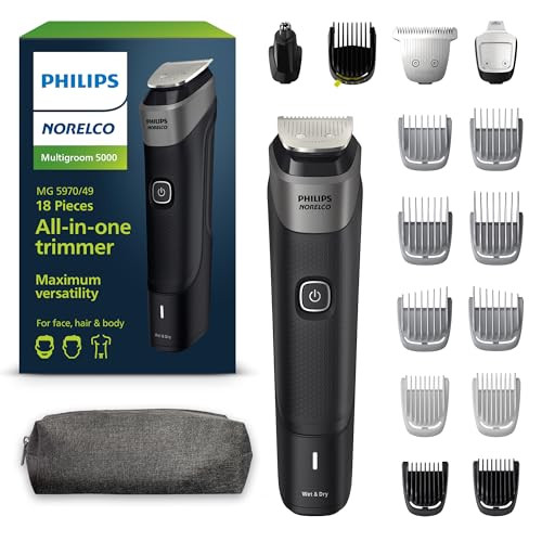 Norelco Philips Multigroom Series 5000, All-in-One Trimmer and Hair Clipper, 18-Piece Men's Grooming Kit for Beard, Face, Nose, Ear and Intimate Areas, Toiletry Bag, No Blade Oil Needed, MG5970/49 | Amazon (US)